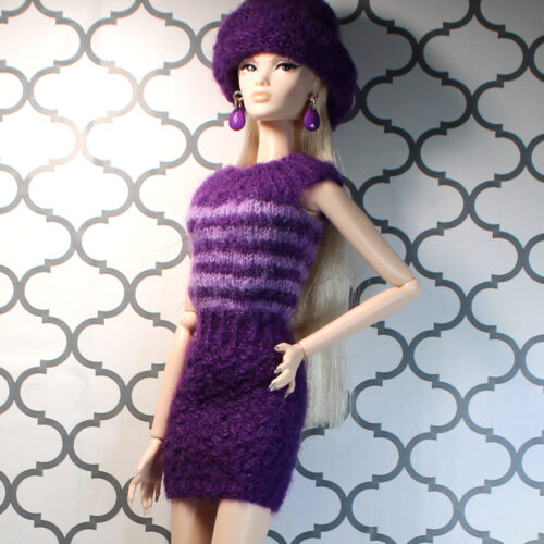 Dress: Hourglass Ribbed Collar & Flop Hat - Purple Stripe Angora