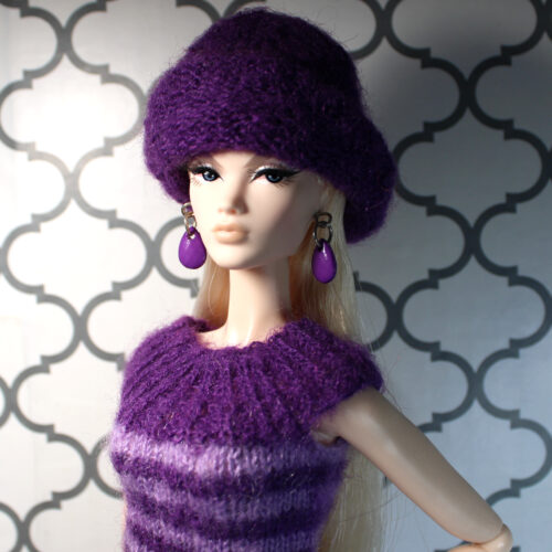 Dress: Hourglass Ribbed Collar & Flop Hat - Purple Stripe Angora - Image 5