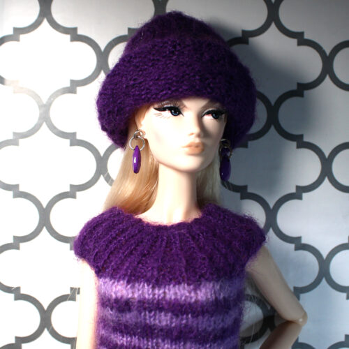 Dress: Hourglass Ribbed Collar & Flop Hat - Purple Stripe Angora - Image 6